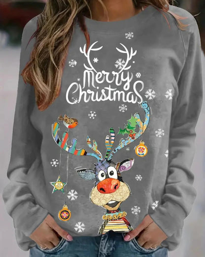 Dames Kersttrui met Rendierprint en Ronde Hals Grijs