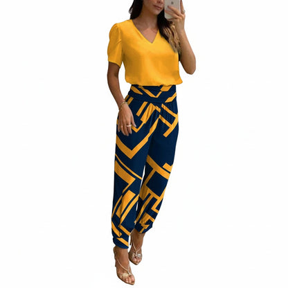 Dames Kledingset met V-hals Top en Geprinte Broek