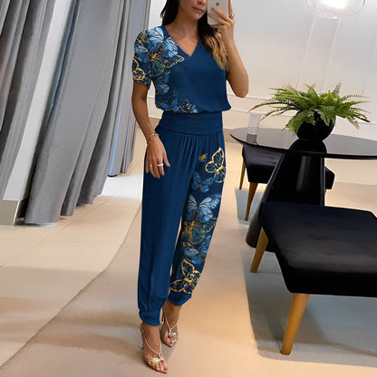 Dames Kledingset met V-hals Top en Geprinte Broek Blauw