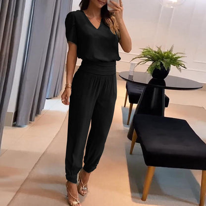 Dames Kledingset met V-hals Top en Geprinte Broek Zwart