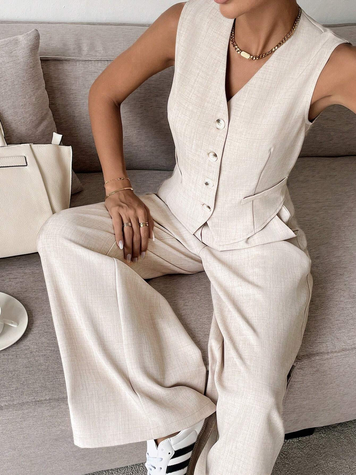 Dames Kledingset Mouwloos Vest met Wijde Broek