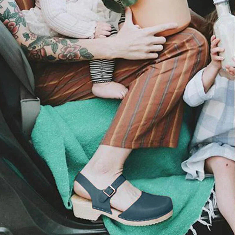 Dames Klompen Sandalen met Enkelbandje en Gesp op Blokhak Blauw