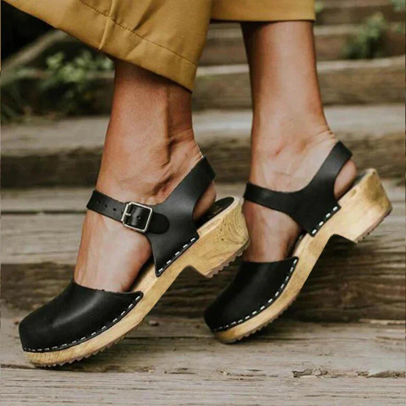 Dames Klompen Sandalen met Enkelbandje en Gesp op Blokhak Zwart