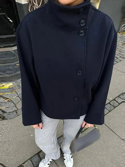Dames Korte Winterjas met Opstaande Kraag en Enkelrijige Sluiting Marineblauw S