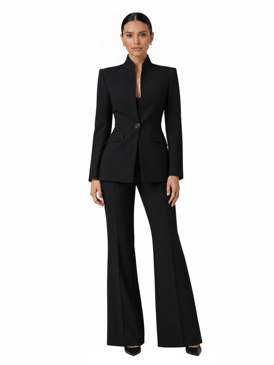 Dames Kostuum Getailleerde Blazer met Staande Kraag en Wijde Broek