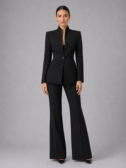 Dames Kostuum Getailleerde Blazer met Staande Kraag en Wijde Broek