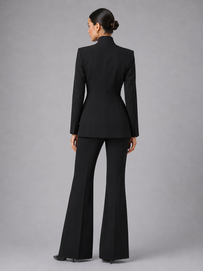 Dames Kostuum Getailleerde Blazer met Staande Kraag en Wijde Broek
