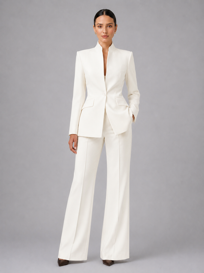 Dames Kostuum Getailleerde Blazer met Staande Kraag en Wijde Broek