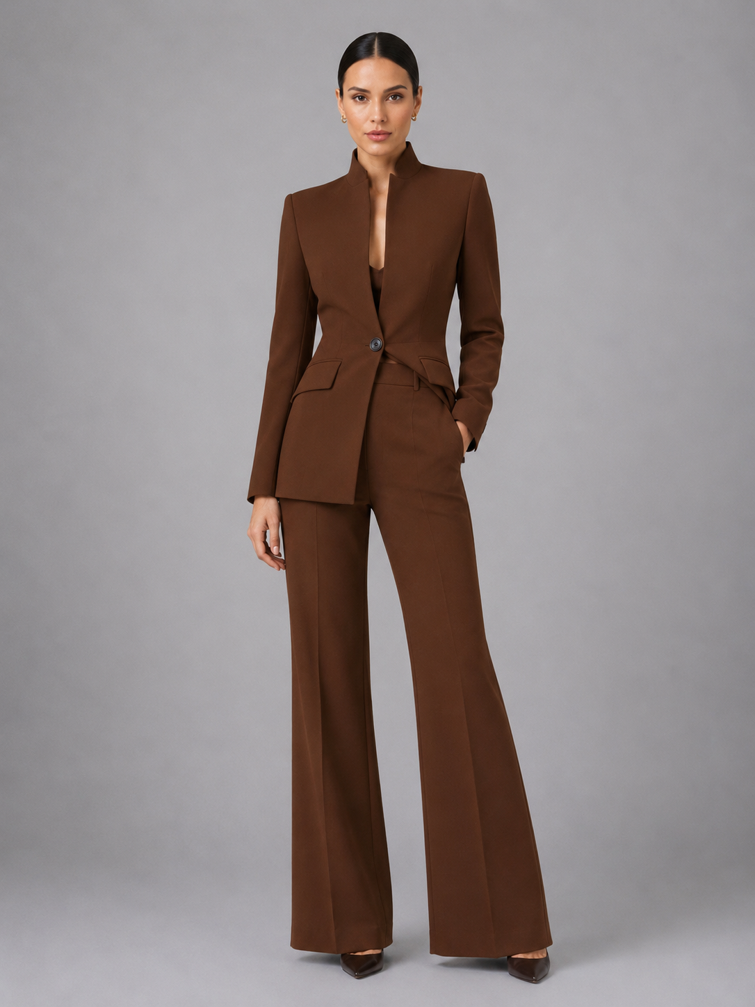 Dames Kostuum Getailleerde Blazer met Staande Kraag en Wijde Broek