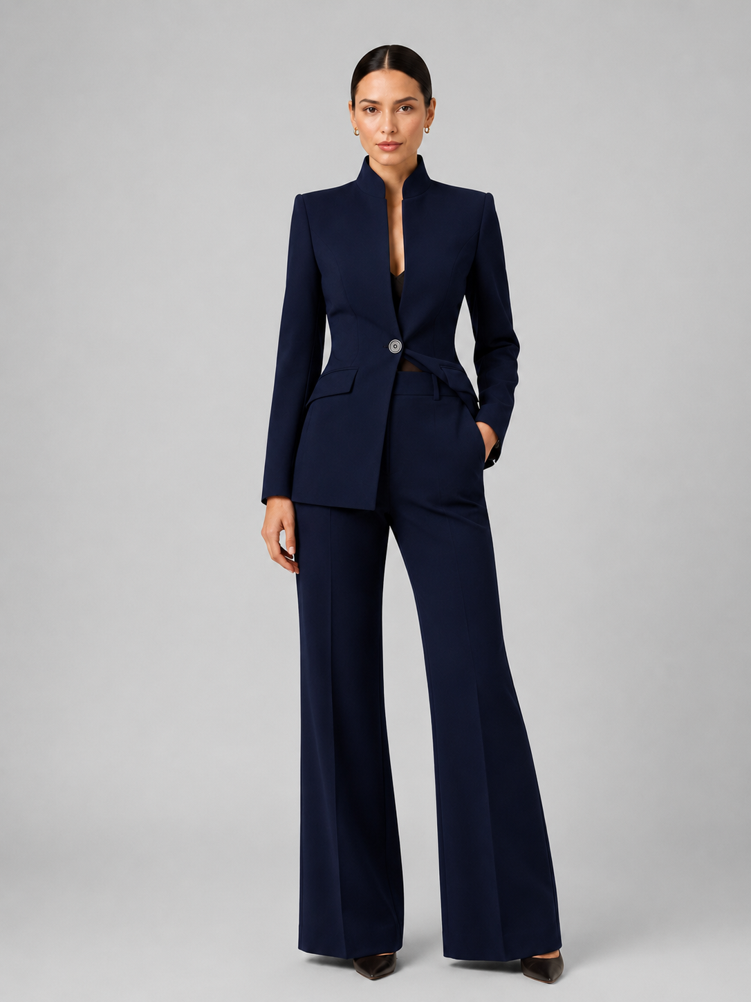 Dames Kostuum Getailleerde Blazer met Staande Kraag en Wijde Broek