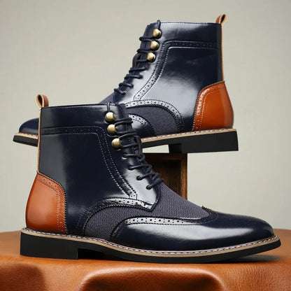 Dames Laarzen met Brogue-Details, Vetersluiting en Lage Hak Marineblauw