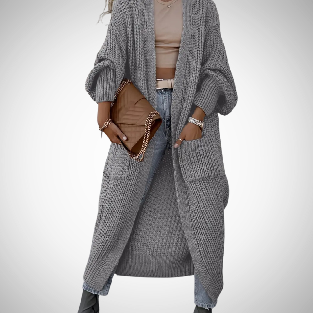 Dames Lang Gebreid Cardigan Vest met Open Voorzijde en Zakken Grijs