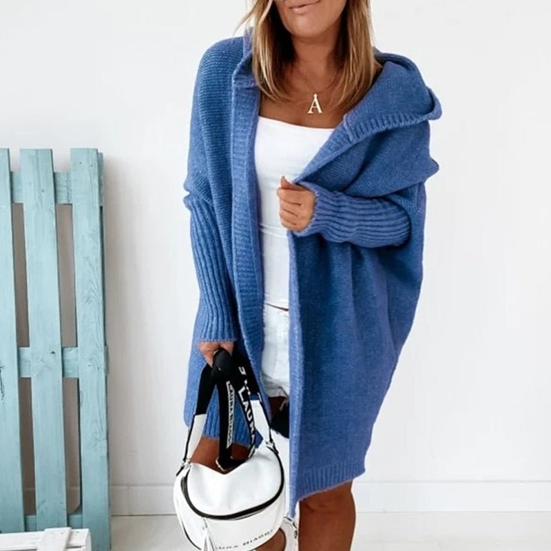 Dames Lang Gebreid Vest met Capuchon en Vleermuismouwen Oversized Blauw