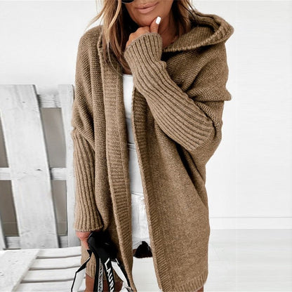 Dames Lang Gebreid Vest met Capuchon en Vleermuismouwen Oversized Khaki