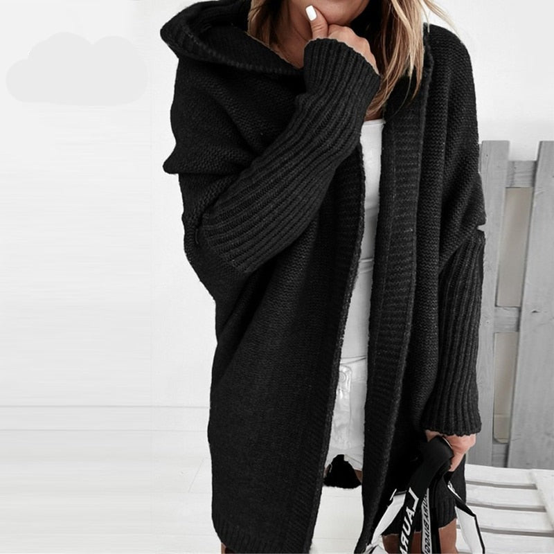 Dames Lang Gebreid Vest met Capuchon en Vleermuismouwen Oversized Zwart