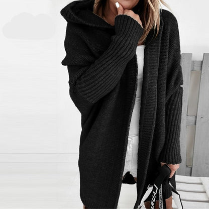 Dames Lang Gebreid Vest met Capuchon en Vleermuismouwen Oversized Zwart