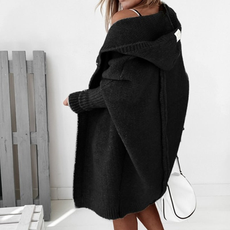 Dames Lang Gebreid Vest met Capuchon en Vleermuismouwen Oversized