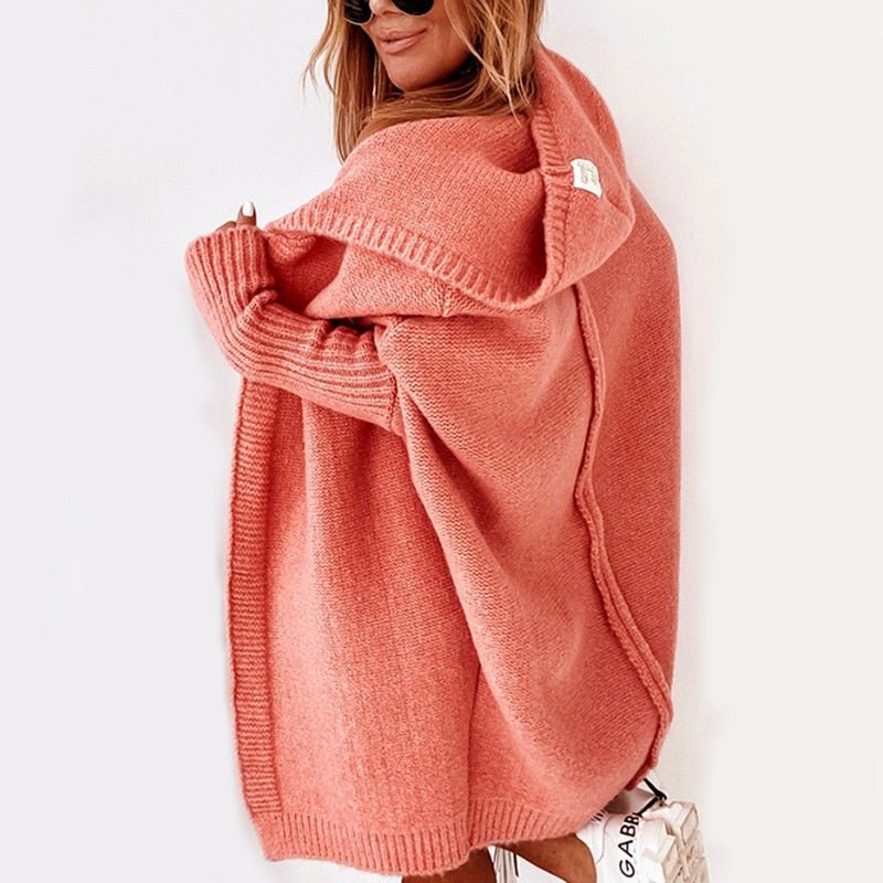 Dames Lang Gebreid Vest met Capuchon en Vleermuismouwen Oversized Oranje