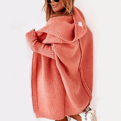 Dames Lang Gebreid Vest met Capuchon en Vleermuismouwen Oversized Oranje