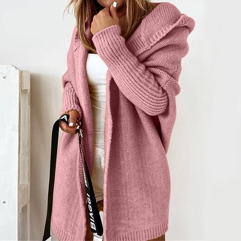 Dames Lang Gebreid Vest met Capuchon en Vleermuismouwen Oversized Roze