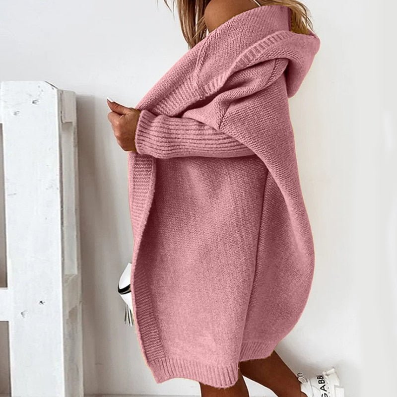 Dames Lang Gebreid Vest met Capuchon en Vleermuismouwen Oversized