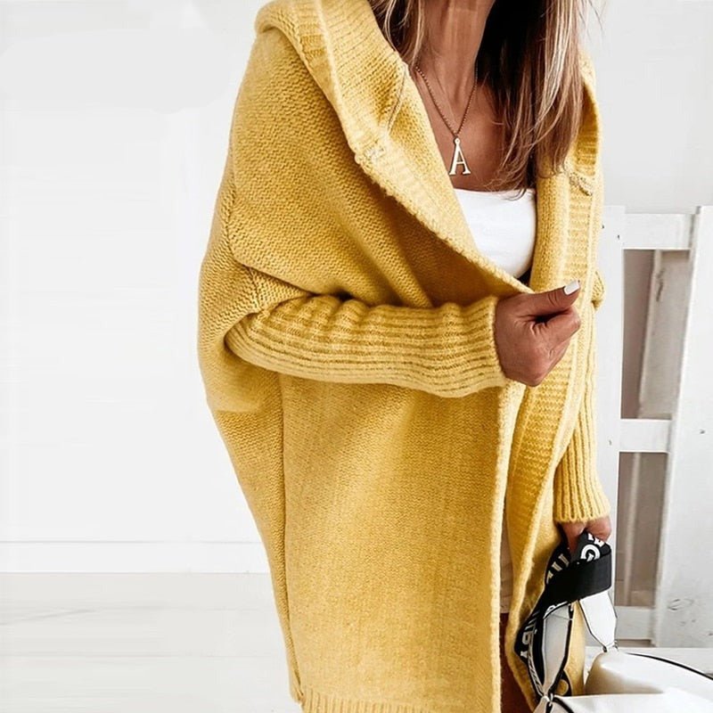 Dames Lang Gebreid Vest met Capuchon en Vleermuismouwen Oversized Geel