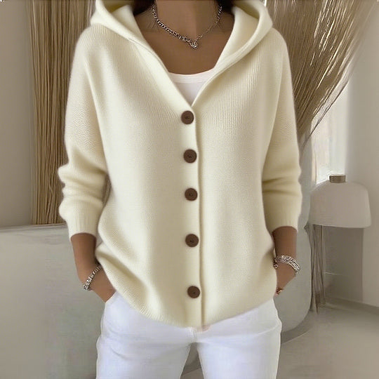 Dames Lange Cardigan met Capuchon Crème