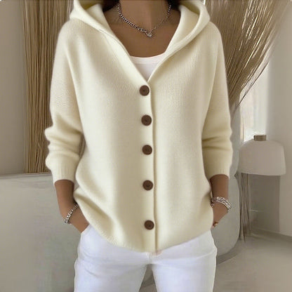 Dames Lange Cardigan met Capuchon Crème