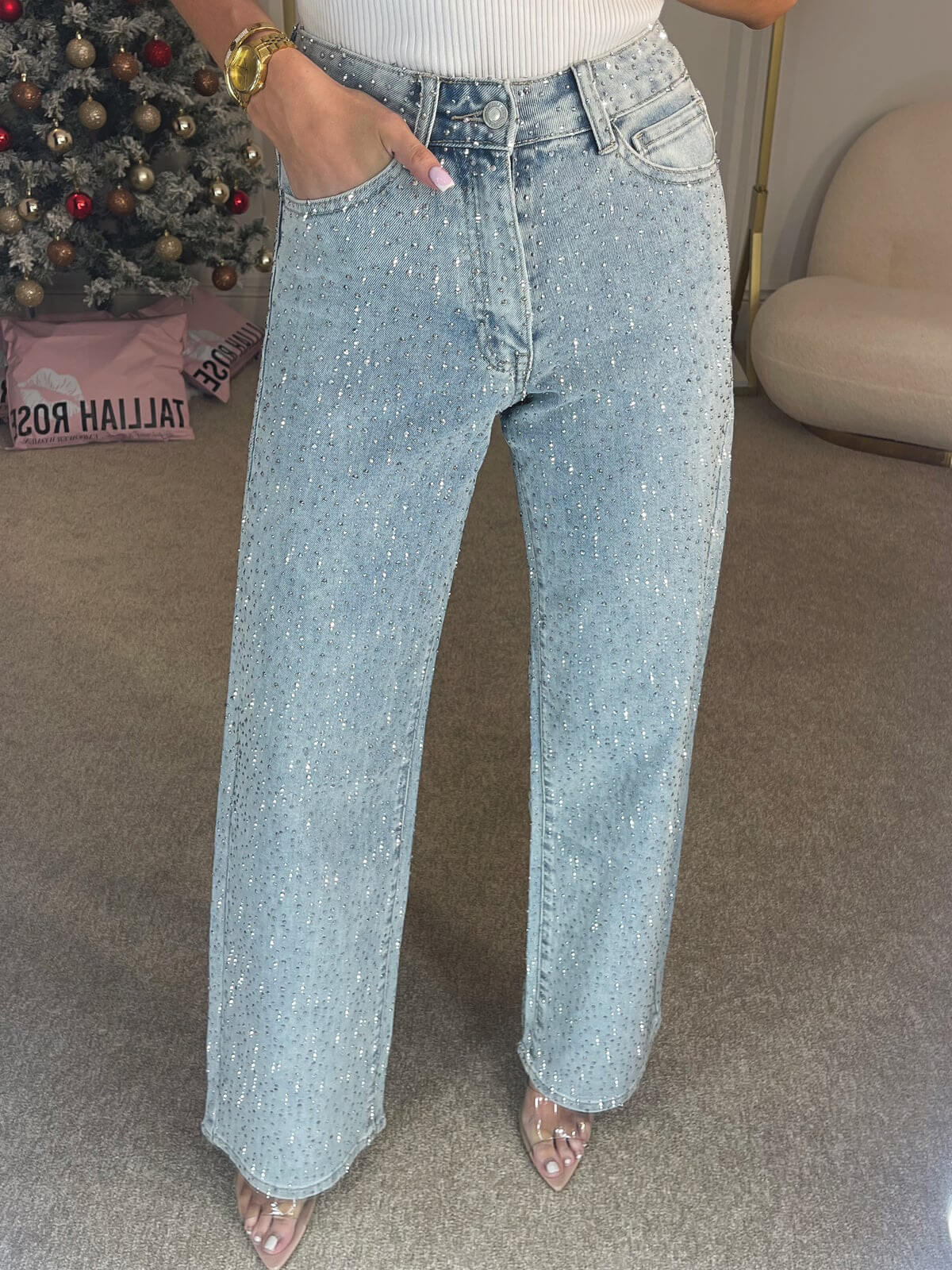 Dames Lange Flared Broek met Glinsterende Details en Hoge Taille Lichtblauw