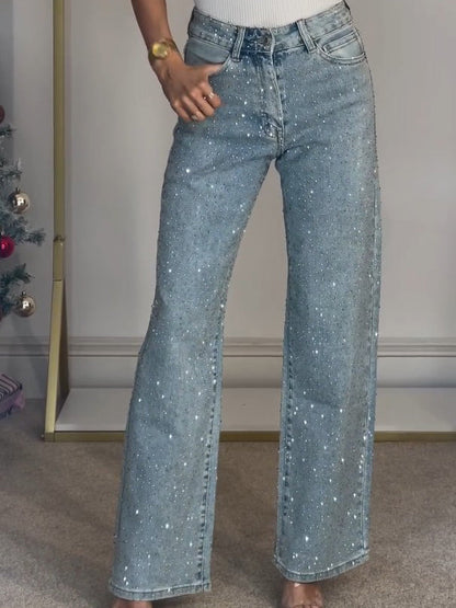Dames Lange Flared Broek met Glinsterende Details en Hoge Taille