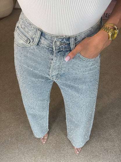 Dames Lange Flared Broek met Glinsterende Details en Hoge Taille
