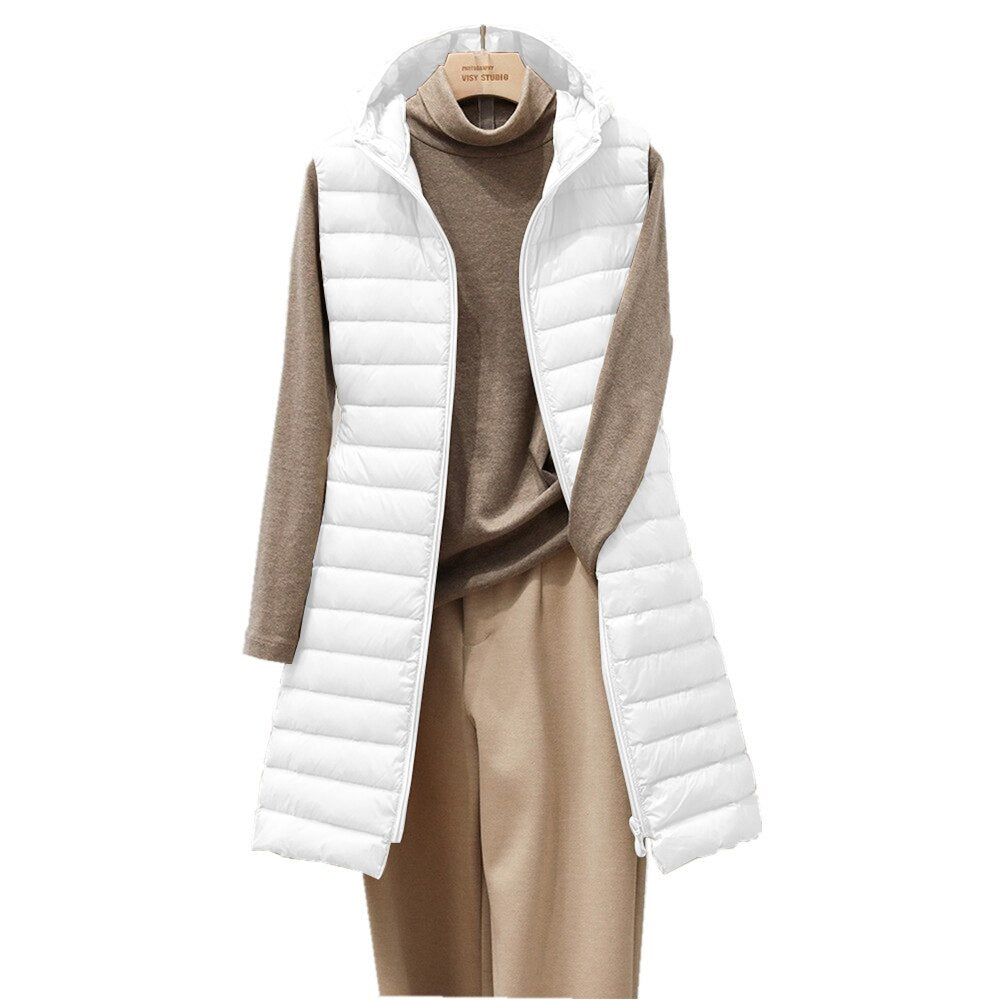 Dames Lange Gewatteerde Bodywarmer met Capuchon Wit