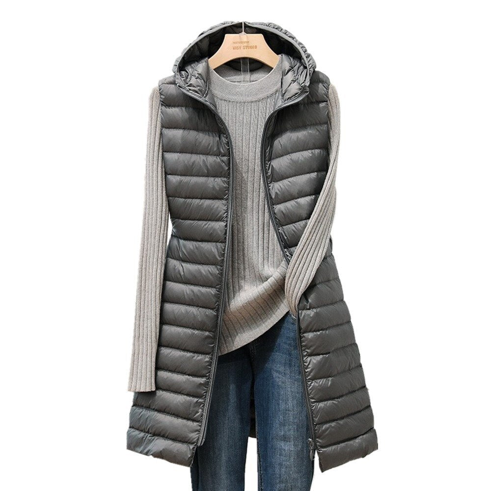 Dames Lange Gewatteerde Bodywarmer met Capuchon Grijs