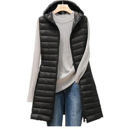 Dames Lange Gewatteerde Bodywarmer met Capuchon Zwart