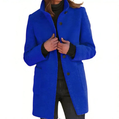 Dames Lange Manteljas met Knopen en Opstaande Kraag Blauw
