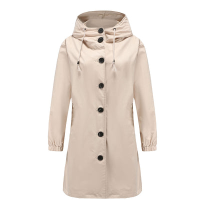 Dames Lange Regenjas met Grote Knopen en Verstelbare Capuchon Beige
