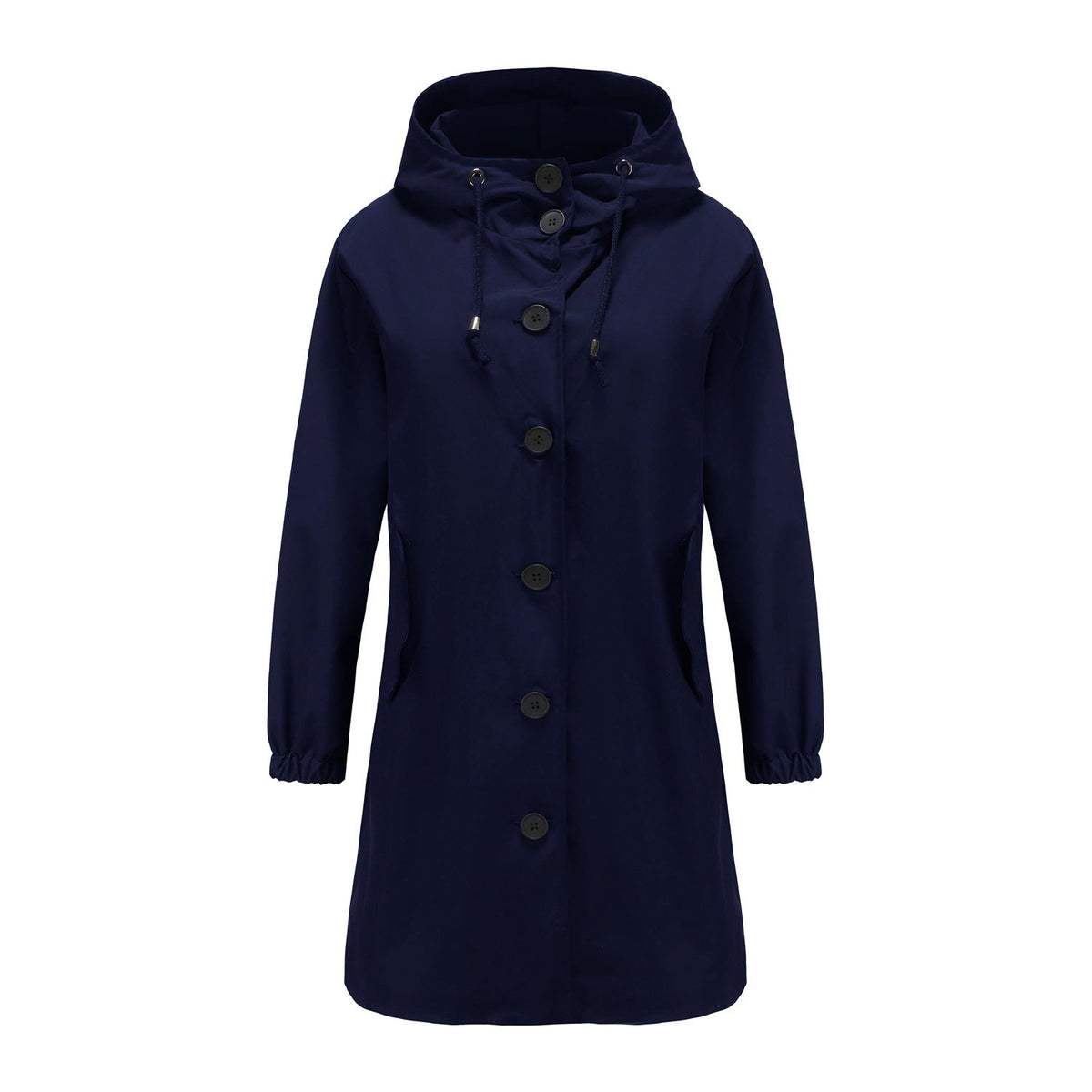 Dames Lange Regenjas met Grote Knopen en Verstelbare Capuchon Donkerblauw