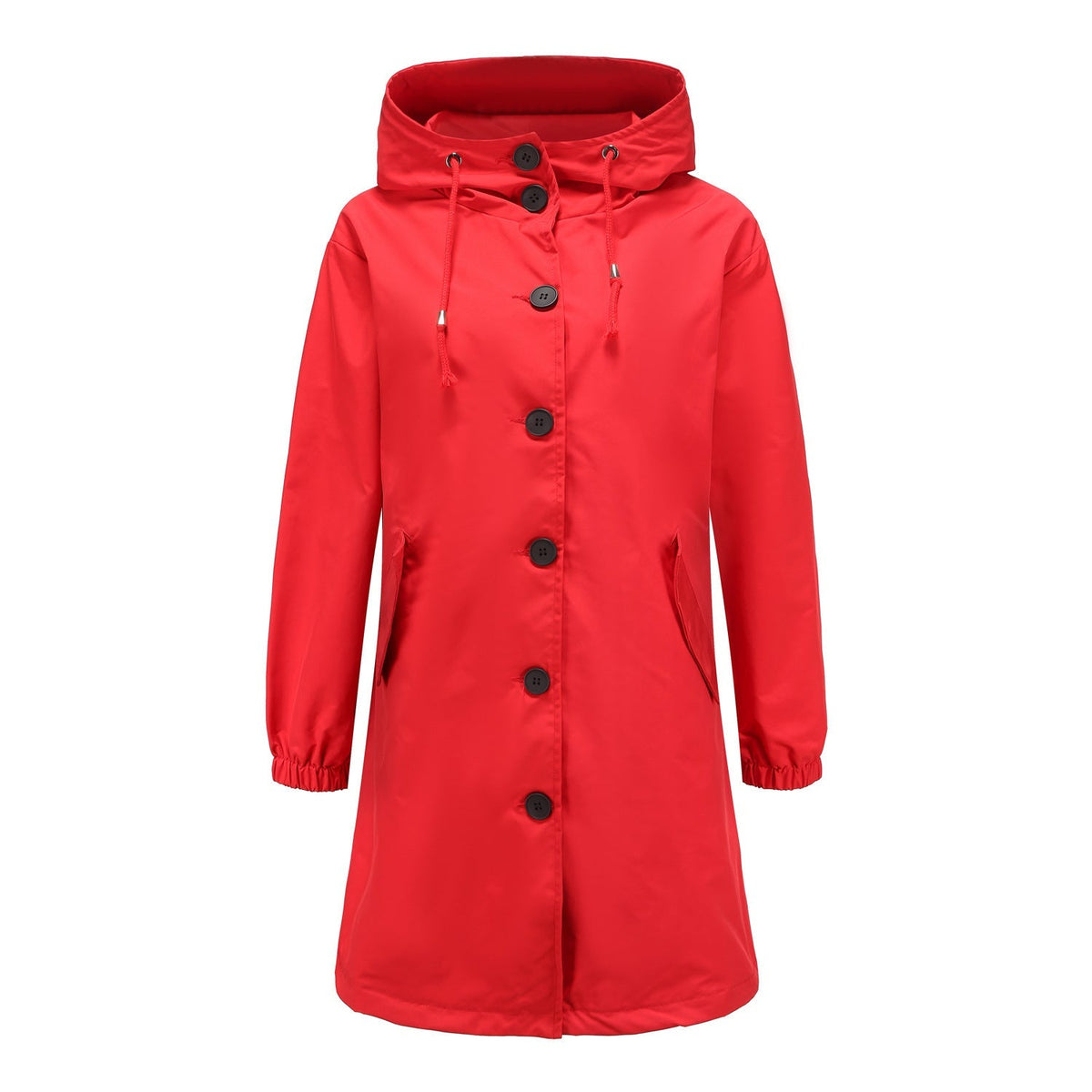 Dames Lange Regenjas met Grote Knopen en Verstelbare Capuchon Rood
