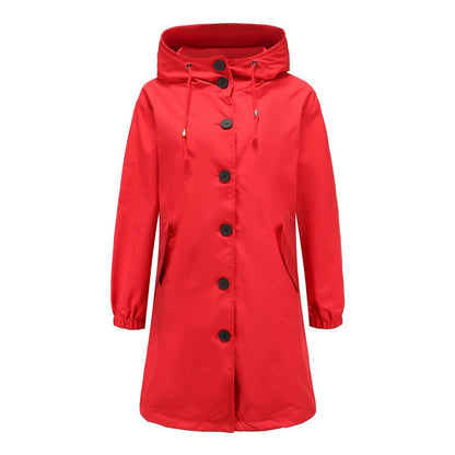 Dames Lange Regenjas met Grote Knopen en Verstelbare Capuchon Rood