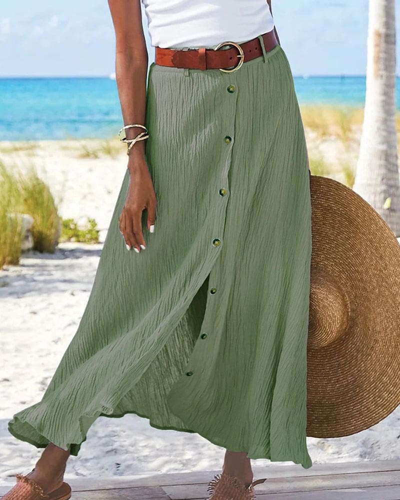 Dames Lange Rok met Knoopsluiting en Kreukstof Groen