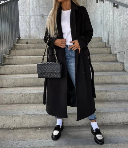 Dames Lange Trenchcoat met Dubbele Rij Knopen Zwart