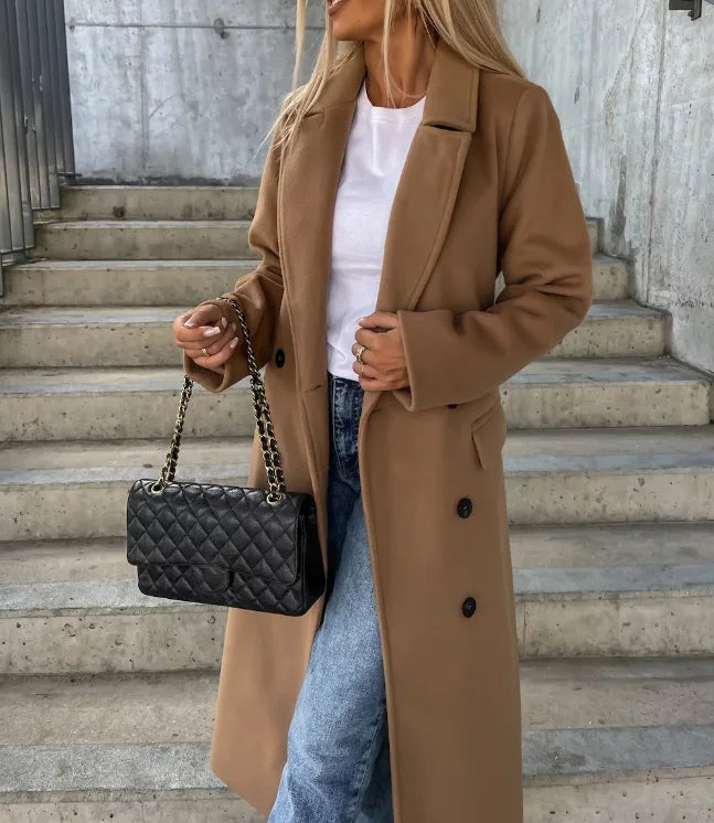 Dames Lange Trenchcoat met Dubbele Rij Knopen Khaki