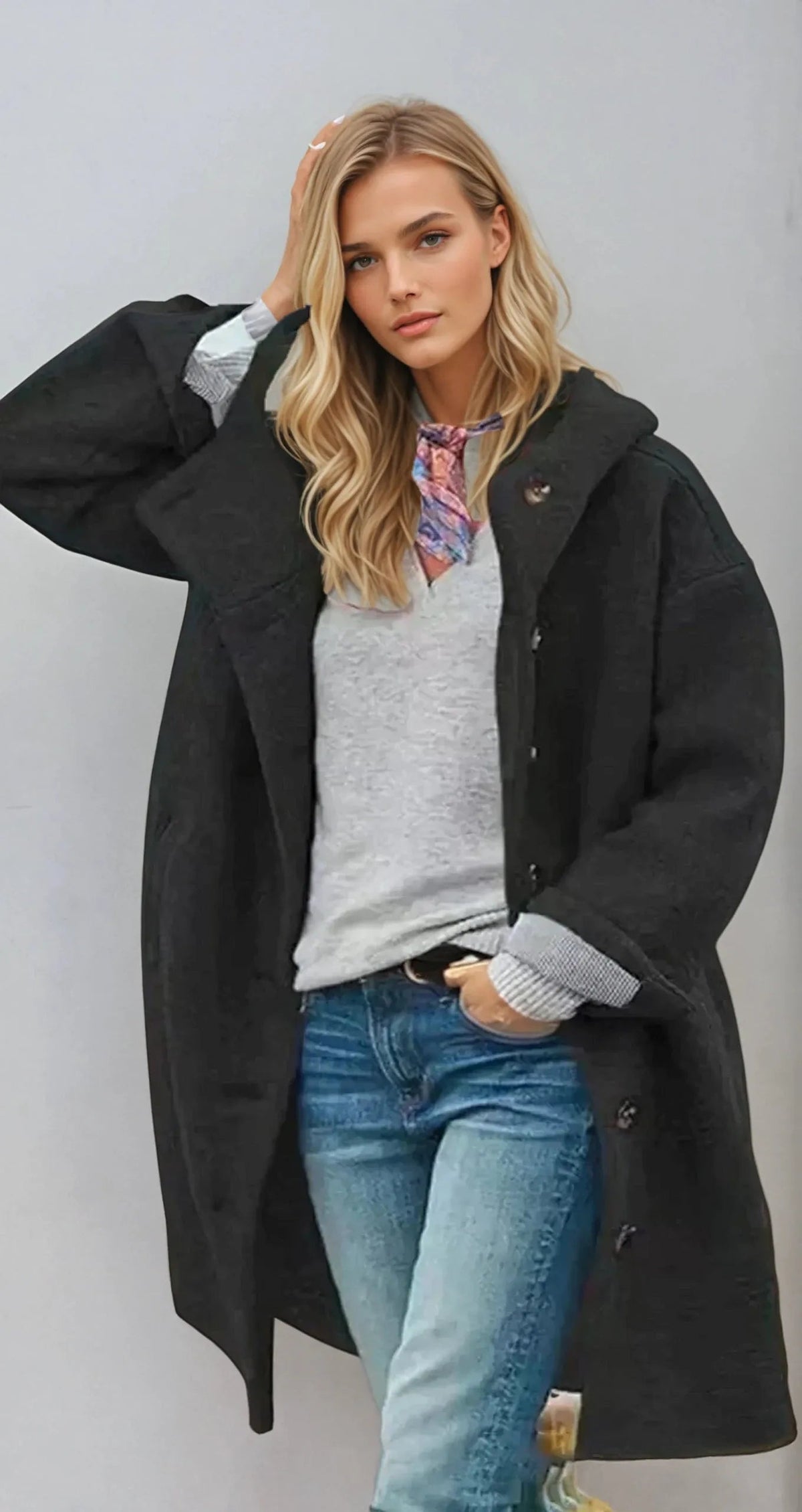 Dames Lange Trenchcoat met Hoogsluitende Kraag voor de Winter Zwart