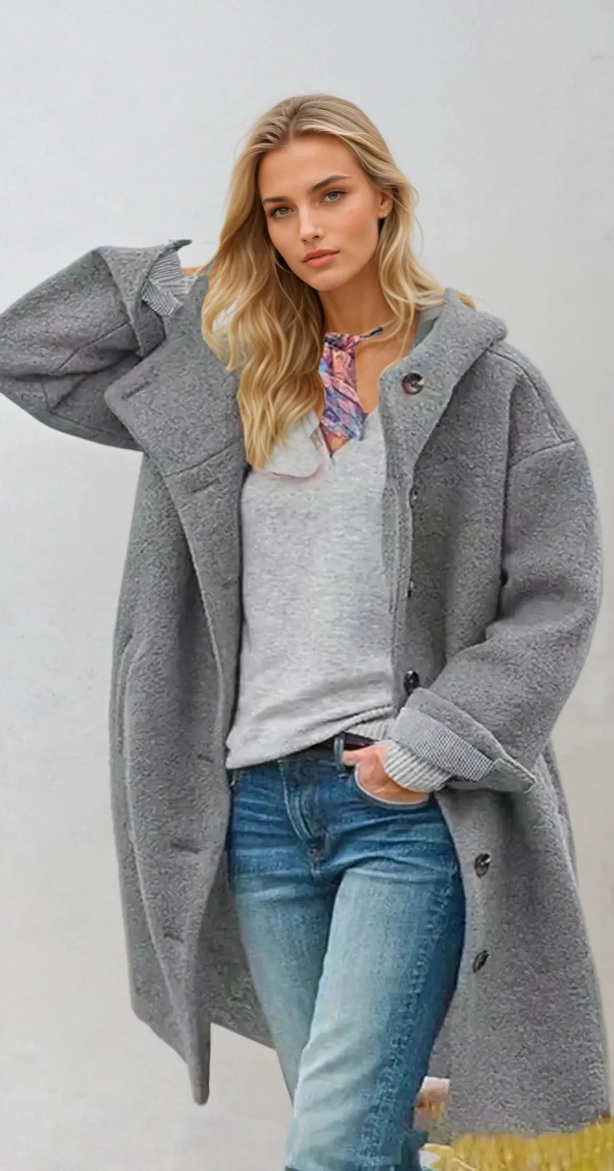 Dames Lange Trenchcoat met Hoogsluitende Kraag voor de Winter Grijs