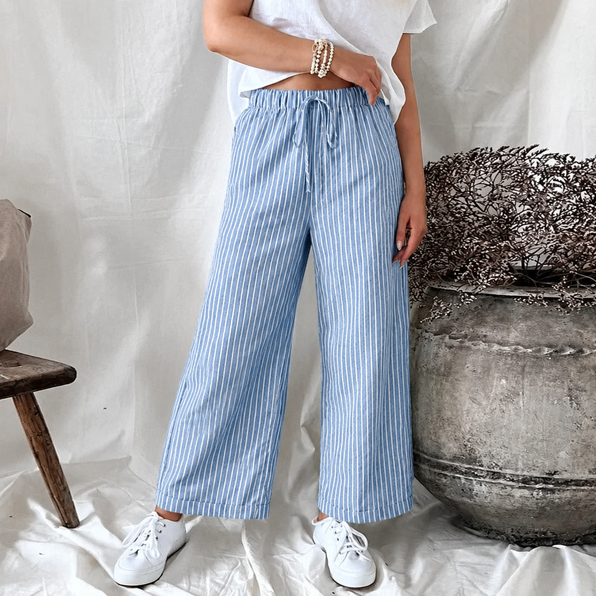Dames Linnen Broek met Grote Broekzakken Blauw