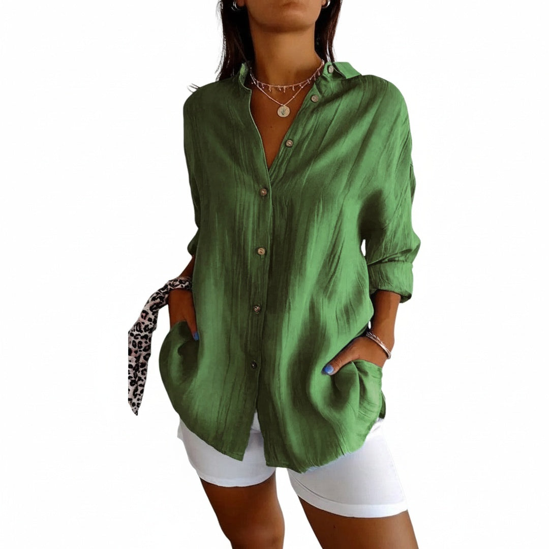 Dames Longline Blouse met Borstzak en Opgerolde Mouwen