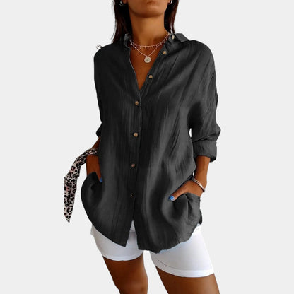 Dames Longline Blouse met Borstzak en Opgerolde Mouwen