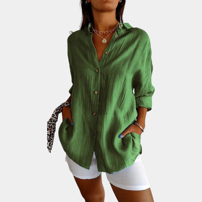 Dames Longline Blouse met Borstzak en Opgerolde Mouwen