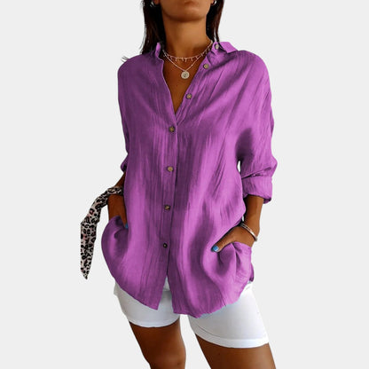 Dames Longline Blouse met Borstzak en Opgerolde Mouwen