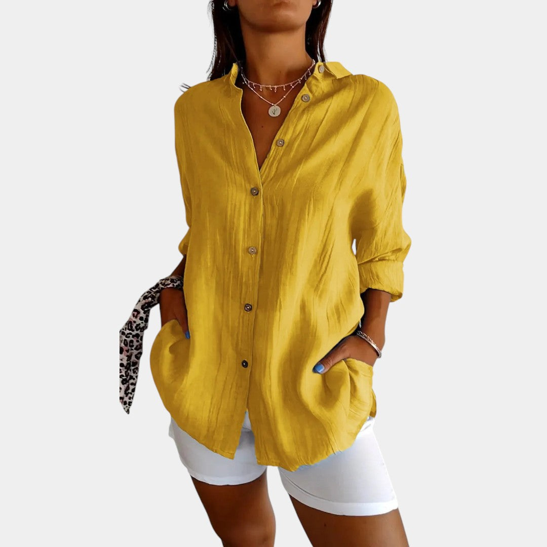 Dames Longline Blouse met Borstzak en Opgerolde Mouwen